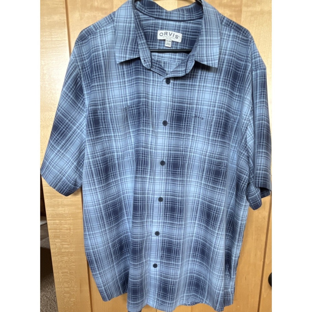 Orvis Men's XXL Regular Short Sleeve Blue Plaid Button-Up Shirt